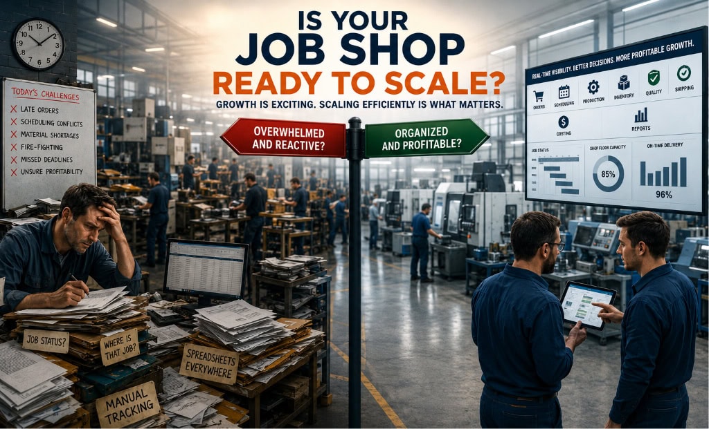 Factory floor with workers and a doorway sign: 'Is your job shop ready to scale?' two men review a tablet while a monitor shows analytics in the background (informational)