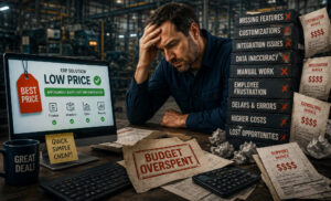 Frustrated man in a warehouse surveys a monitor advertising a 'Low Price' ERP solution as crumpled invoices and a 'Budget Overspent' note clutter the desk, signaling cost overruns.